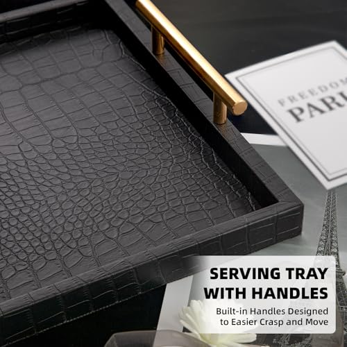 JUMBO HUMBLE Modern Elegant Large Wood Serving Tray, Set of 2 Black Crocodile Leather with Gold Polished Metal Handles, Home Decorative Rectangle Ottoman Decor Platter Living Room Bathroom Vanity Tray