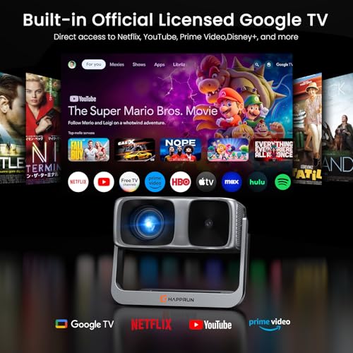 2000 ANSI Official Licensed Google TV Outdoor Projector 4K Decoding, Smart Projector with Wifi and Bluetooth, Auto Focus, Dolby Sound, Built-in Apps, HAPPRUN Indoor Home Theater with 270° Stand