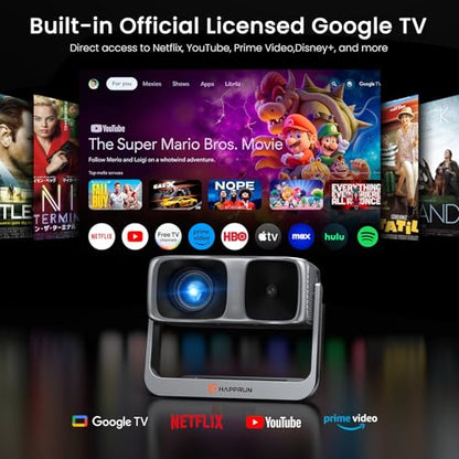 2000 ANSI Official Licensed Google TV Outdoor Projector 4K Decoding, Smart Projector with Wifi and Bluetooth, Auto Focus, Dolby Sound, Built-in Apps, HAPPRUN Indoor Home Theater with 270° Stand