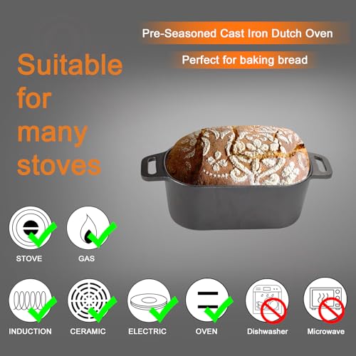 OLLAKOK 2-in-1 Pre-Seasoned Cast Iron Dutch Oven Pot with Lid as Skillet, Grill Pan, with Lid Lever, Dual Loop Handles, Oval Heavy Dutch Oven for Bread Baking, Frying, Camping, BBQ, 3.8 QT Black