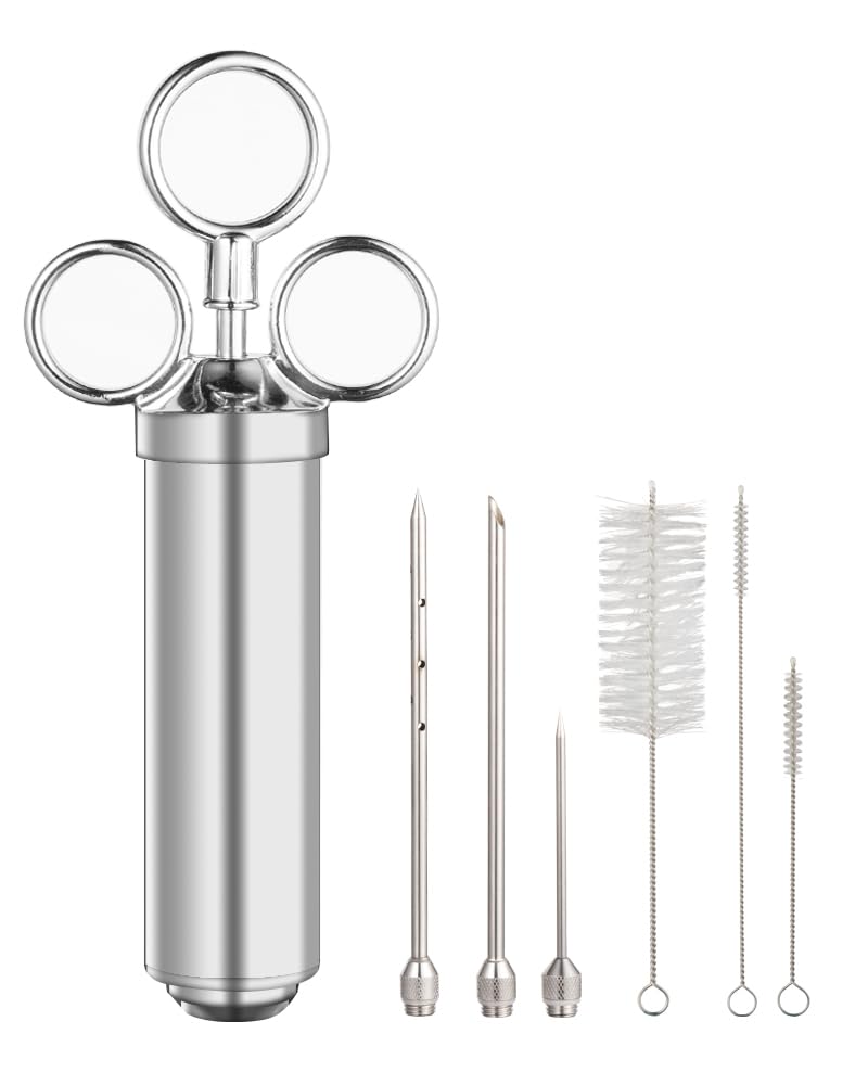 Brigii Meat Injector Syringe, 2oz Turkey Injector Seasoning, 304-Stainless Steel Seasoning Injector with 3 Marinade Needles and 3 Cleaning Brushes for Smoked BBQ Grilling