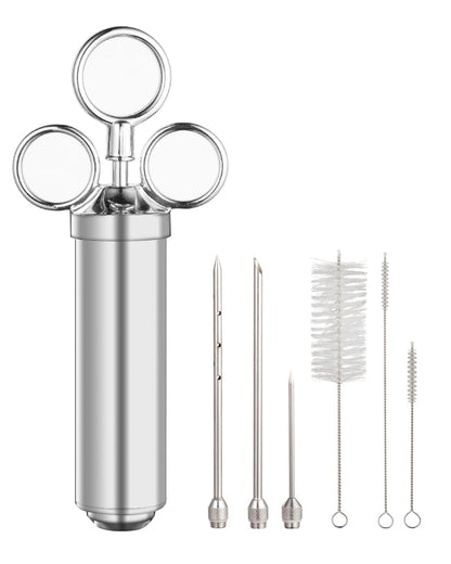 Brigii Meat Injector Syringe, 2oz Turkey Injector Seasoning, 304-Stainless Steel Seasoning Injector with 3 Marinade Needles and 3 Cleaning Brushes for Smoked BBQ Grilling