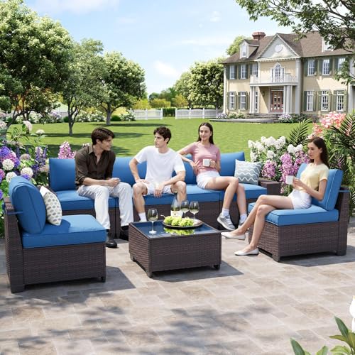 OUGMMGOU 7-Piece Outdoor Patio Furniture Set, 6-Seat All-Weather PE Rattan Wicker Patio Sectional Furniture Set with Coffee Table, 450 lb Capacity