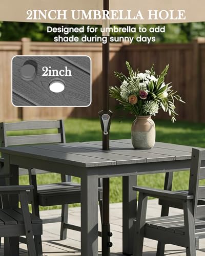 LOUNZY 5-Piece HDPE Patio Dining Set - Outdoor Square Table with 2" Hole Cut-Out & 4 Chairs,Gray