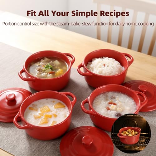 4 Pcs Red Ceramic Small Cocotte Set, 5.3 x 3.1 in Small Ramekins with Lids & Handles, 10.1 Fl Oz Dutch Oven Safe Ceramic Bowls for Steaming, Baking, Desserts, Food