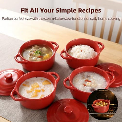4 Pcs Red Ceramic Small Cocotte Set, 5.3 x 3.1 in Small Ramekins with Lids & Handles, 10.1 Fl Oz Dutch Oven Safe Ceramic Bowls for Steaming, Baking, Desserts, Food