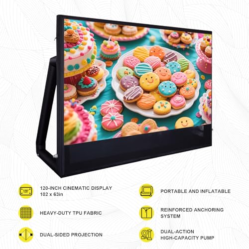Iuoni Inflatable Projector Screen I Air-Tight No-Blower Design,Made from TPU Tarpaulin, 120 inch (Equivalent to 16ft) for Indoor & Outdoor Use Backyard, Pool, Party, Camping, Movie Night Parties