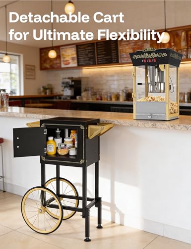 PopBria Popcorn Machine with Cart, 12oz Retro Popcorn Maker with Warming Deck, Movie Theater Style Popcorn Machine for Home Theater, Parties and Large Batches, Black and Gold