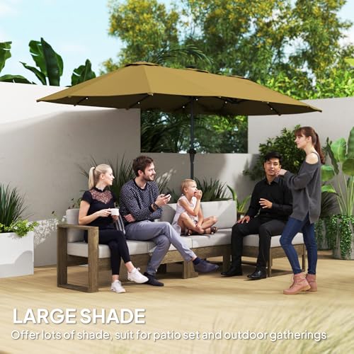 Outsunny 13ft Large Patio Umbrella with Solar Lights, Rectangular Double-Sided Outdoor Market Umbrella with Crank Handle and 48 LED Bulbs for Garden, Pool and Backyard, UPF 30+, Khaki