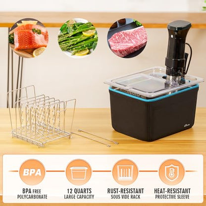 HOMENOTE Sous Vide Container 12 Quart with Universal Collapsible Hinged Lid,Complete Sous Vide Accessories Kit BPA Free,Compatible with Anova and Most Sous Vide Cookers（With Rack and Sleeve）