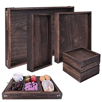Wood Serving Tray with Handles, Set of 7 Rectangular Wooden Nesting Multipurpose Trays, Decorative Serving Trays Platter for Breakfast in Bed, Lunch, Dinner, Patio, Ottoman, Coffee Table, Party