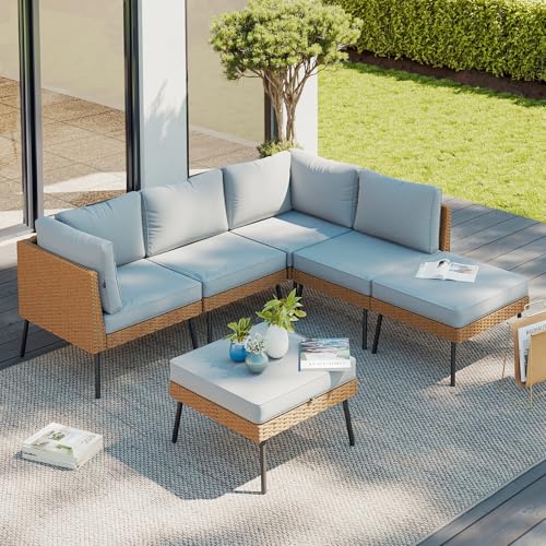 Aoxun 6 Piece Patio Furniture Set, 6 Seats Outdoor Sectional Sofas with Thick Cushion, Wicker Outdoor Patio Furniture Set with Ottomans for Party, Garden, Backyard, Grey