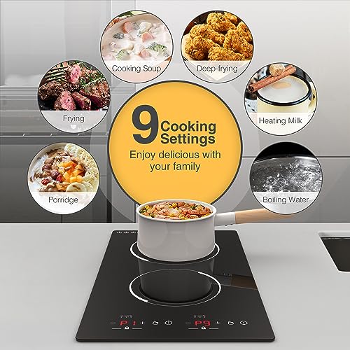GIHETKUT Double Induction Cooktop,110V 2 Burner Induction Cooktop,2300W Electric Stove Top with Independent Control, Ultrathin Body, 9 Temperature, Multiple Power Levels, 2 Hour Timer, Safety Lock