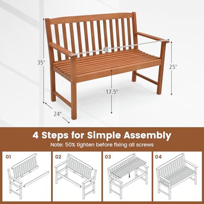 Tangkula Outdoor Garden Bench, 2-Person Eucalyptus Wood Bench with Backrest, Armrests and Slatted Seat, Patio Garden Bench for Yard, Porch, 800 lbs Capacity, Natural