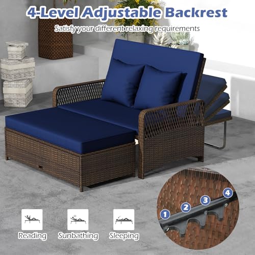 Tangkula Patio Rattan Daybed with 4-Level Adjustable Backrest, Navy