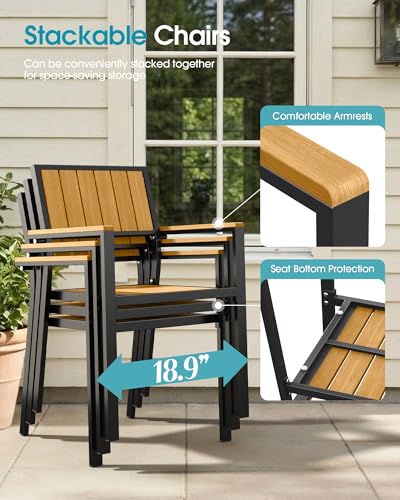 Aluminum Outdoor Dining Set, Patio Square Table and Stackable Chairs, Teak
