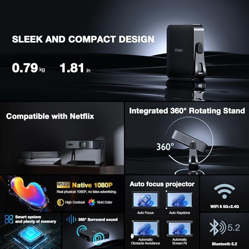 【Officially-Licensed APP & Native 1080P】 Thinnest 1.81" Smart Mini Projector with WiFi and Bluetooth, Auto Focus & Keystone Portable Outdoor Projector, VOPLLS 4K Support Home Movie Projector