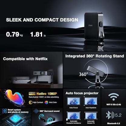 【Officially-Licensed APP & Native 1080P】 Thinnest 1.81" Smart Mini Projector with WiFi and Bluetooth, Auto Focus & Keystone Portable Outdoor Projector, VOPLLS 4K Support Home Movie Projector