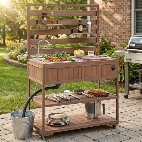 Polibi 41.7" Outdoor Kitchen Island with Sink, Solid Wood Rolling Patio Cart with Stainless Steel Top, Movable Shelves and 1 Bottle Opener,BBQ Station Garden Potting Bench, Brown