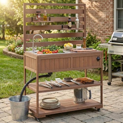 Polibi 41.7" Outdoor Kitchen Island with Sink, Solid Wood Rolling Patio Cart with Stainless Steel Top, Movable Shelves and 1 Bottle Opener,BBQ Station Garden Potting Bench, Brown