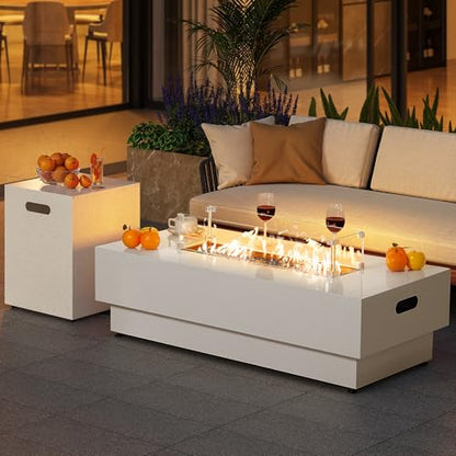 IRONCK 50-Inch Outdoor Propane Fire Pit Table w Tank Table, CSA Certified, Rectangular Patio Fire Pit w Glass Rocks, Wind Guard and Cover, 58000 BTU 2 in 1 Outdoor Heater for Deck Garden, White