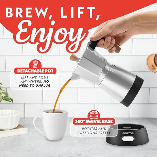 Gourmia Electric Moka Pot Espresso Maker – 6 Shot Italian-Style Coffee Brewer, 550W Detachable 360° Cordless Base, Food-Grade Aluminum, Beechwood Handle