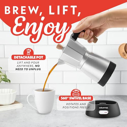 Gourmia Electric Moka Pot Espresso Maker – 6 Shot Italian-Style Coffee Brewer, 550W Detachable 360° Cordless Base, Food-Grade Aluminum, Beechwood Handle
