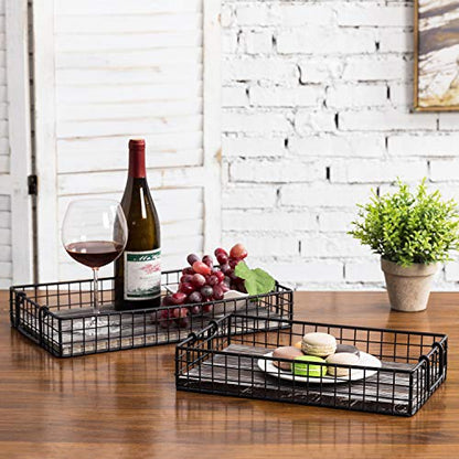 MyGift 16 and 14 Inch Large Nesting Countertop Storage Baskets with Handles, Rustic Torched Wood and Black Metal Wire Decorative Shelf Organizer Bins, 2 Piece Set