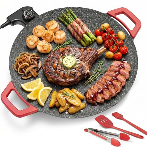 Electric Indoor Grill Nonstick, 14” Round Electric Griddle with Adjustable Temperature Control,for Pan Searing Steaks, Breakfast, BBQ & Family Meals, Bonus Spatula,Oil Brush & Food Tongs