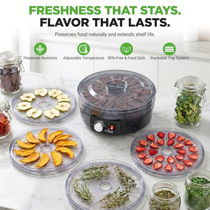 NutriChef Electric Countertop Food Dehydrator - Professional Multi-Tier Food Preserver - Dehydrates Fish, Meats, Mushrooms, Fruits & Vegetables - 5 Easy to Clean Stackable Trays., One Size, Black