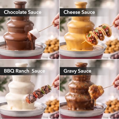 OVENTE 3 Tier Chocolate Fondue Fountain Machine, 6” x 6” x 9.4”, Red CFS73R