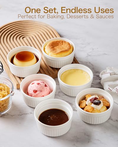 KITCHENLESTAR 7 oz Ramekins Set of 6, Oven Safe Porcelain Ramekin Bowls for Creme Brulee, Souffle & Custard, Dessert Cups & Dipping Sauce Dishes, Stackable, Soft White