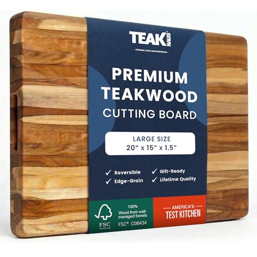 Teakhaus Cutting Board - Large (L) Teak Wood Cutting Board 20”L x 15”W x 1.5” Thick - Sustainably Harvested and FSC Certified - Knife Friendly with Natural Oil Finish