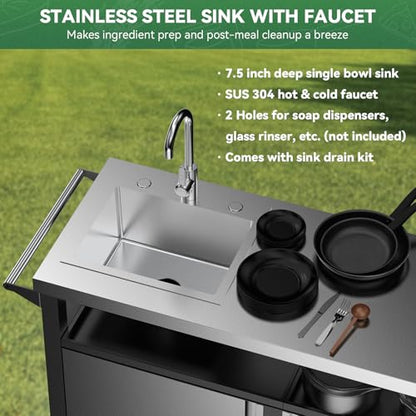 Stanbroil Rolling Outdoor Kitchen Island with Stainless Steel Table Top & Storage Cabinets, Sink&Faucet Included, Extra Large