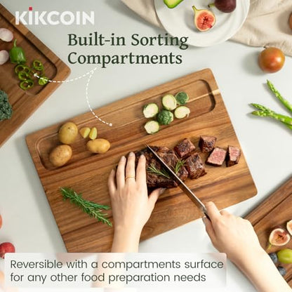 Acacia Wood Cutting Boards for Kitchen, Kikcoin 3 PCS Wooden Cutting Board Set with Holder, Chopping Board with Compartments and Juice Groove, Solid Charcuterie Boards Serving Tray Wood Butcher Block