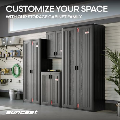 Suncast Heavy-Duty Resin Outdoor Storage Cabinet, 30" W x 20.25" D x 36" H Dark Grey Base Garage Storage Cabinet with Lockable Doors and Metal Reinforced Shelves, Made in The USA