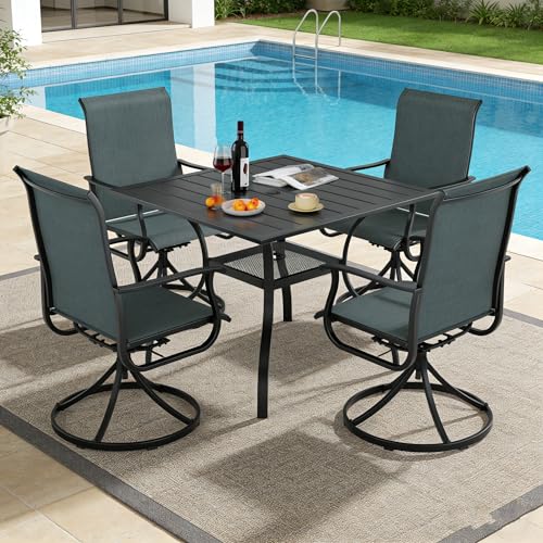 SUNCROWN 5-Piece Outdoor Patio Dining Set, All Weather Square Metal Table & 4 Dark Gray Swivel Textilene Mesh Chairs, Weather Resistant Patio Furniture for Deck Lawn Garden Backyard Poolside