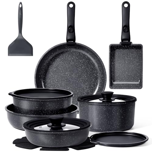 GiPP Ceramic Pots and Pans Set Non Stick, Nonstick Detachable Handle Cookware Sets, Healthy Non Toxic PFAS PFOA & PTFE Free, Dishwasher ＆Oven Safe, Induction Kitchen Pot and Pan, 17 Piece Gray