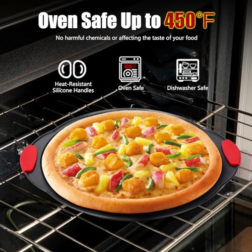YIDAZLE Pizza Pan for Oven (2 PACK), Pizza Baking Trays with Pizza Cutter, Non-Stick Pizza Baking Pan with Perforated Holes and Silicone Handle, Oven & Dishwasher Safe Carbon Steel