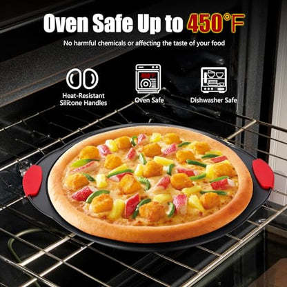 YIDAZLE Pizza Pan for Oven (2 PACK), Pizza Baking Trays with Pizza Cutter, Non-Stick Pizza Baking Pan with Perforated Holes and Silicone Handle, Oven & Dishwasher Safe Carbon Steel