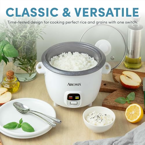 AROMA Rice Cooker, 3-Cup (Uncooked) / 6-Cup (Cooked), Small Rice Cooker, Oatmeal Cooker, Soup Maker, Auto Keep Warm, 1.5 Qt, White, ARC-393NG