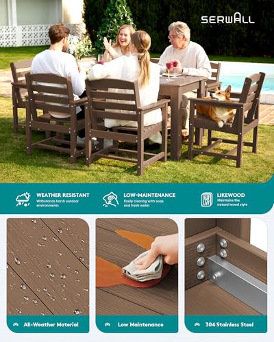 SERWALL Patio Dining Set for 4, Outdoor Dining Sets for 4 Person with 1 Umbrella Hole Cut-Out Rectangular Table and 4 Chairs, HDPE Dining Sets for Garden, Backyard, Poolside, Brown
