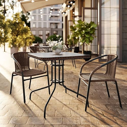 Flash Furniture Lila 3-Piece 28" Square Indoor/Outdoor Patio Table and Chairs Set, Glass Metal Bistro Table and 2 Stacking Rattan Chairs, Brown