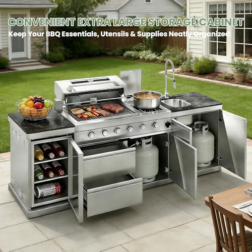 Outdoor Natural Gas Grill Island with Refrigerator, 4 Burner 72,000 BTU BBQ Grill with Side Burner, Infrared Rotisserie, Granite Countertop, Stainless Steel Outdoor Kitchen (Silver+98in)