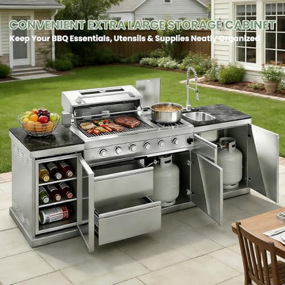 Outdoor Natural Gas Grill Island with Refrigerator, 4 Burner 72,000 BTU BBQ Grill with Side Burner, Infrared Rotisserie, Granite Countertop, Stainless Steel Outdoor Kitchen (Silver+98in)