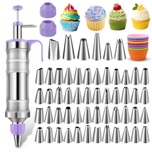 NOVANO Dessert Decorating Syringe Set, Frosting Piping Kit Stainless Steel Cake Decorating Kit with 54 Piping Tips & 9 Silicone Cupcakes, Cupcake Decorating Kit Piping Bags and Tips Set