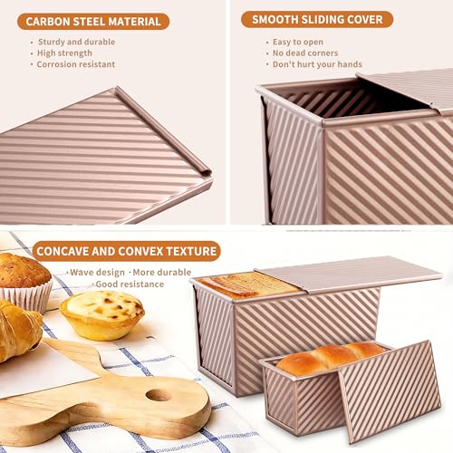 Lollicy 3 Pack Pullman Loaf Pan with Lids, Non-Stick Bread Loaf Pan, Heavy Duty Carbon Steel Corrugated Toast Box for Baking, Square Bread Pans for Homemade Sandwich, Bakeware (Rose Gold)