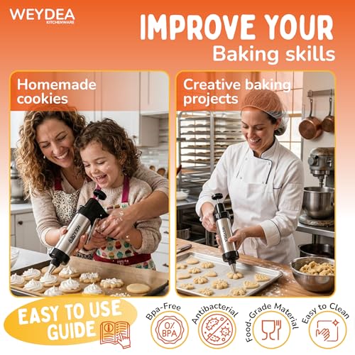 WEYDEA Cookie Press Gun Kit 23 in 1 - Stainless Steel Cookie Maker with 13 Discs, 8 Piping Tips & Silicone Baking Mold - Cookie Making Kit for DIY Baking