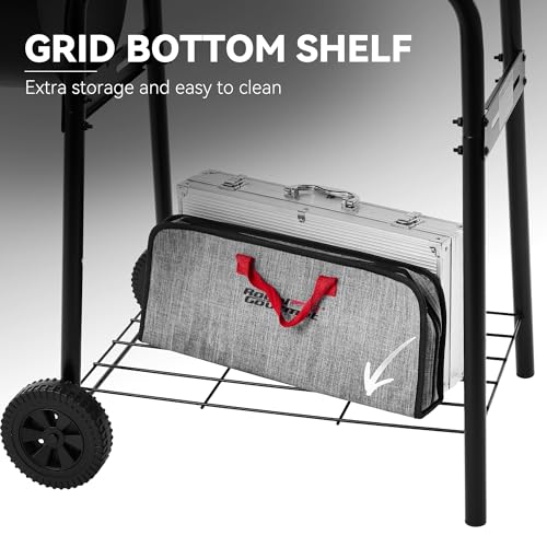 Grills House Barrel Charcoal Grill with Offset Smoker, Side Shelf with Hooks, Mesh Bottom Shelf, Blow-Molded Wheels, Outdoor Grilling and Backyard Cooking, CC1624S, Black