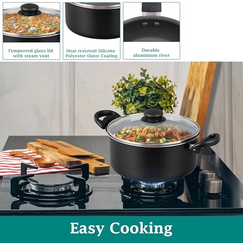 7 Piece Nonstick Aluminum Pots and Pans Cookware Set, Black - PFOA-Free, Heat-Resistant Handles, Suitable for Gas & Electric Stoves
